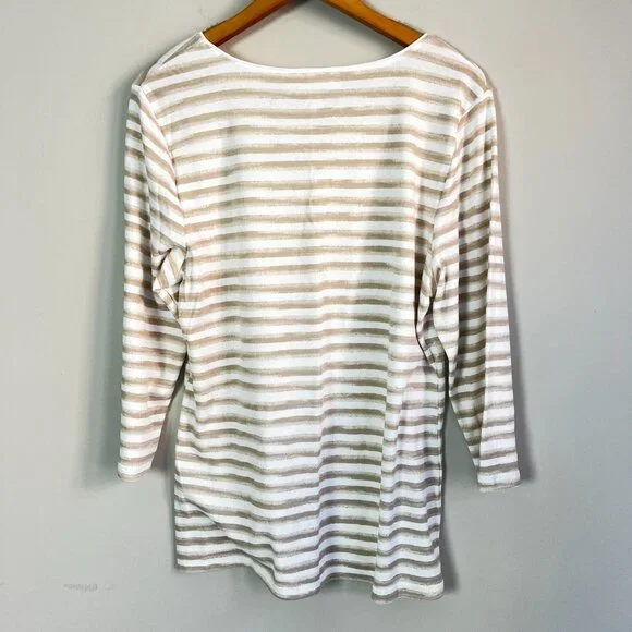 2/$30 Karen Scott Striped Giraffe Tan White Crew Neck Top XL - Picture 3 of 5
